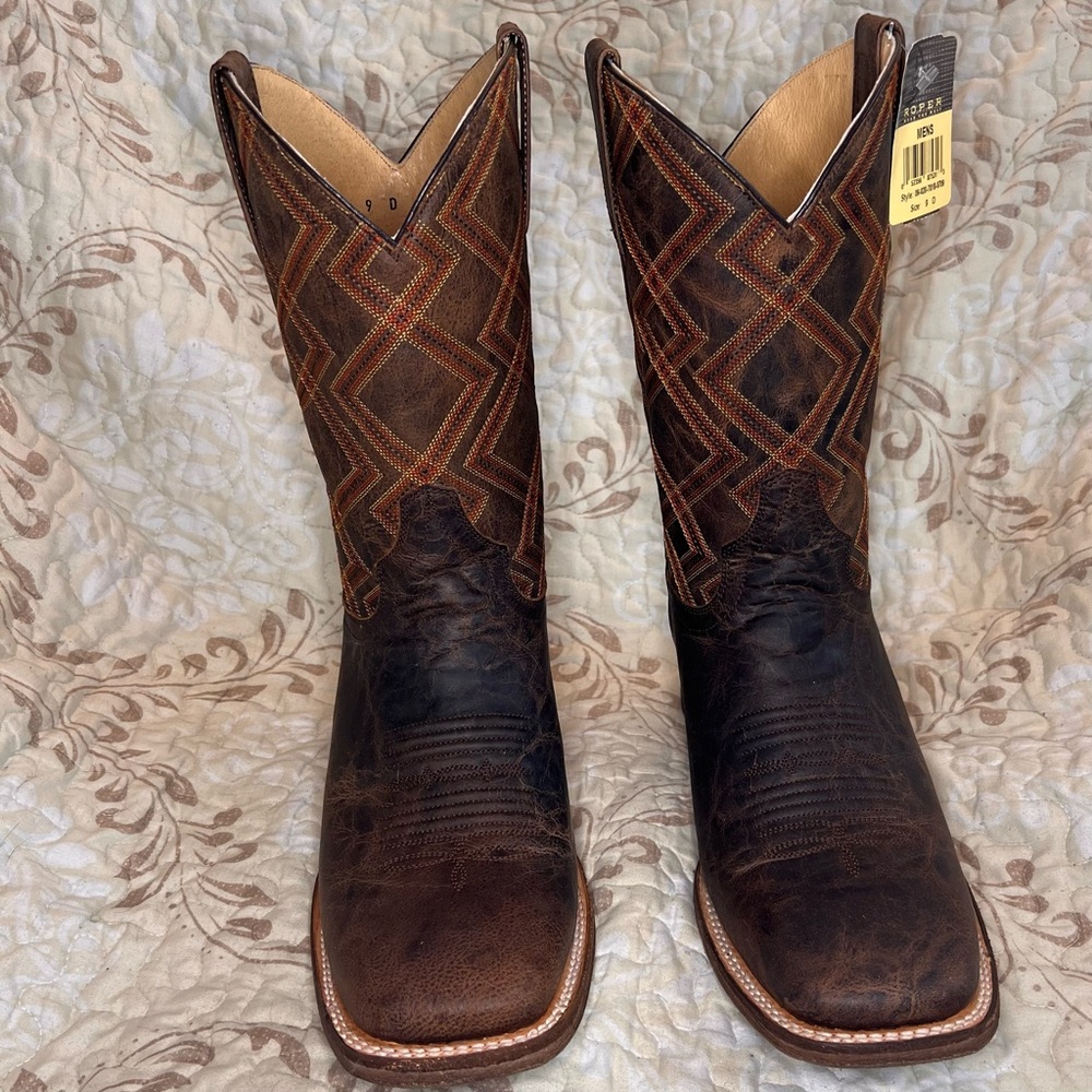 Brand New Roper Nash Brown Leather Cowboy Boots with Embroidered Details 9D